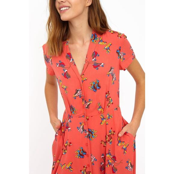 Emily And Fin Roller Skate Dress Sz S Skating Coral Orange Retro Pockets RARE! - Picture 1 of 15